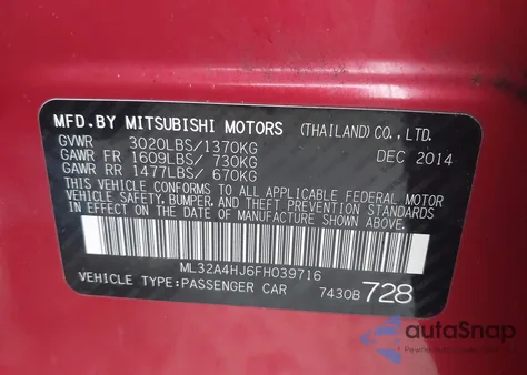 2015 Mitsubishi Mirage Es/Rf z USA, uszkodzony, nr VIN ML32A4HJ6FH039716